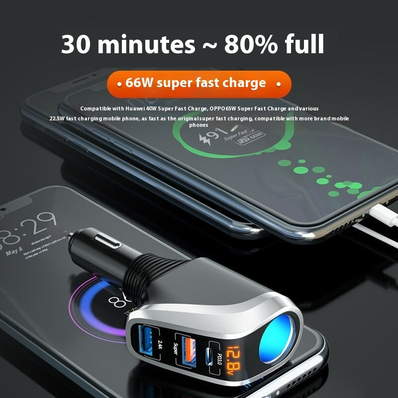 Smart Triple-Port Car Charger with Voltage Display & Adapter