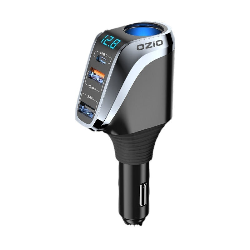 Smart Triple-Port Car Charger with Voltage Display & Adapter