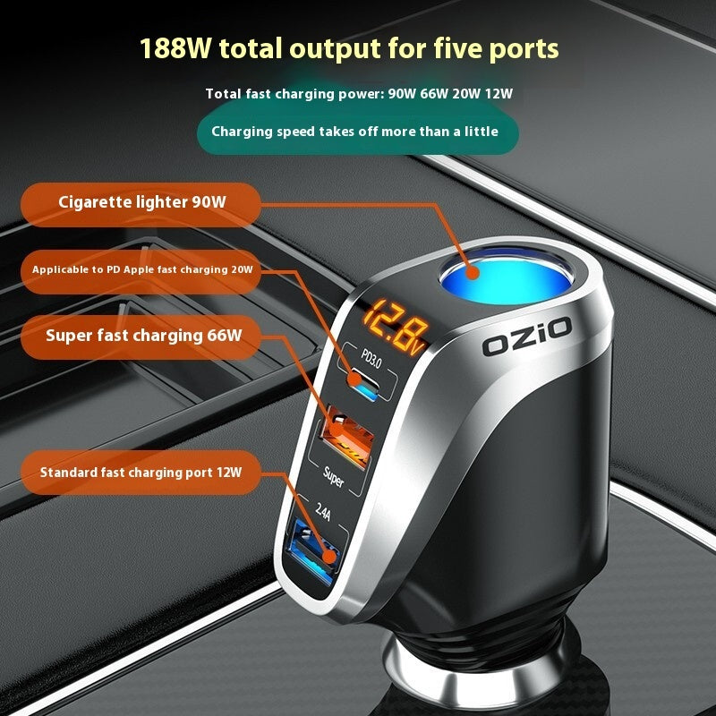 Smart Triple-Port Car Charger with Voltage Display & Adapter