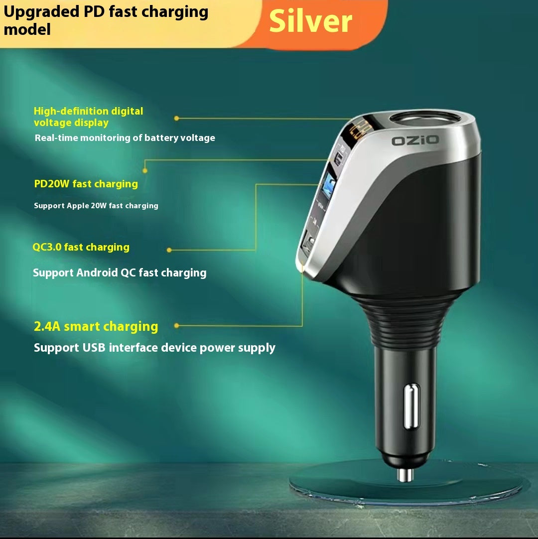 Smart Triple-Port Car Charger with Voltage Display & Adapter