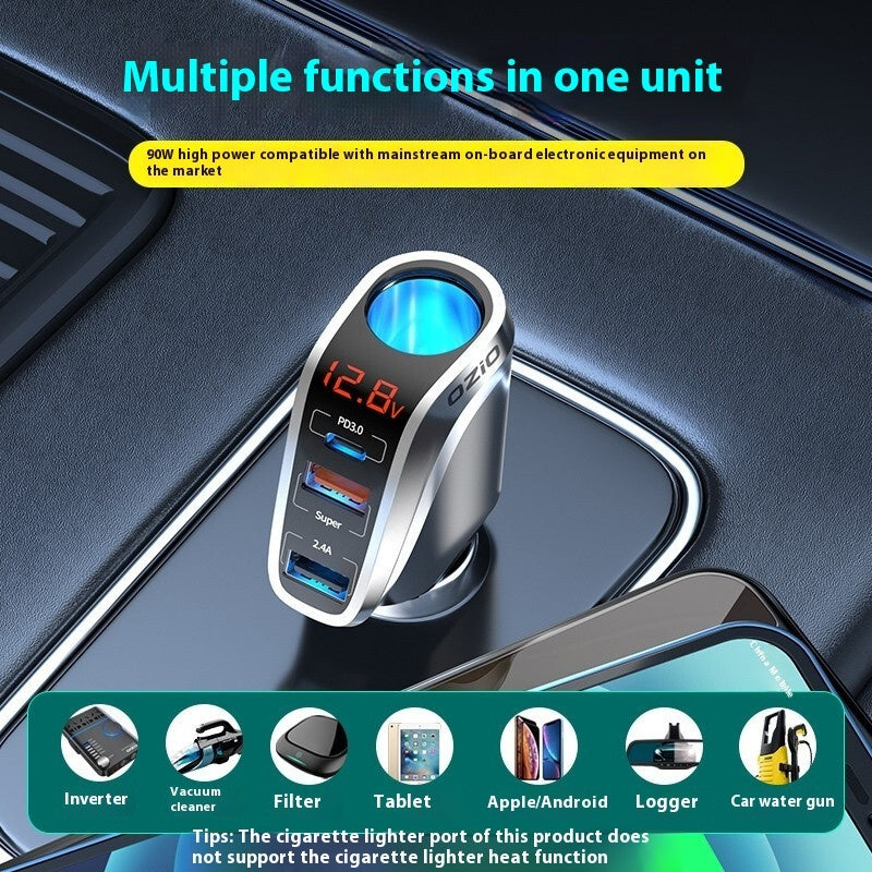 Smart Triple-Port Car Charger with Voltage Display & Adapter