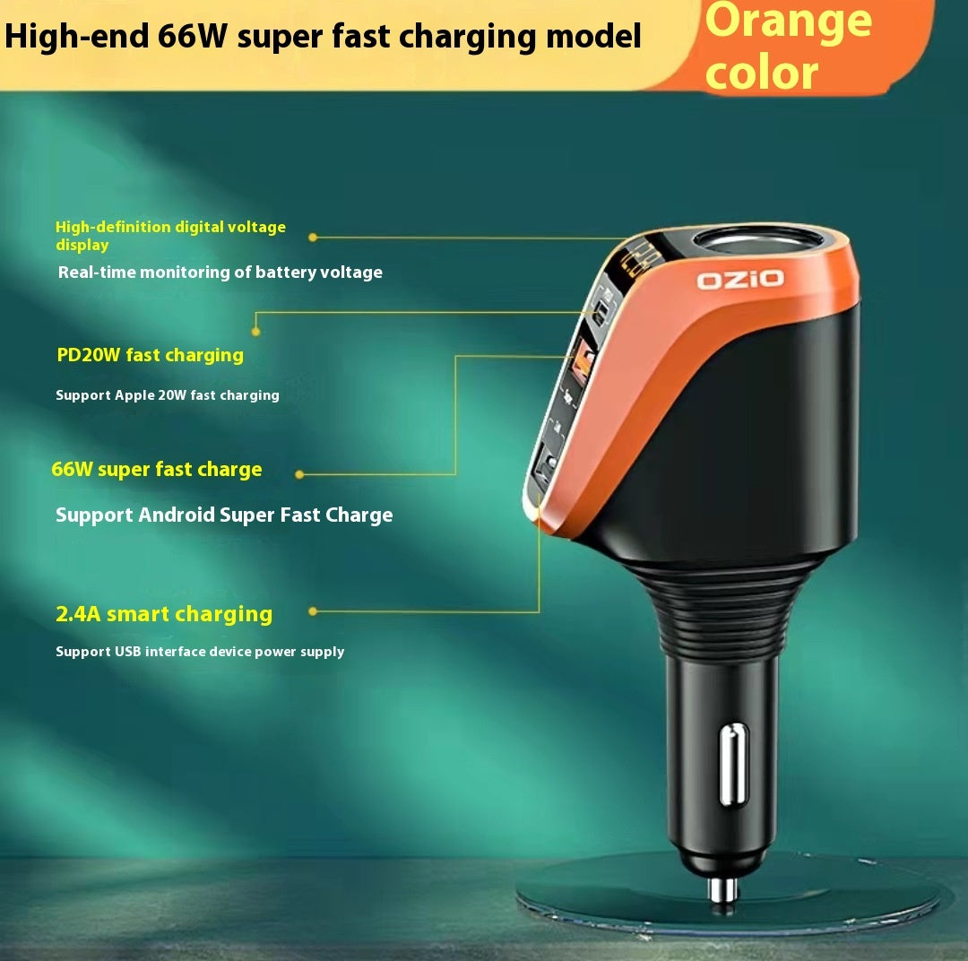 Smart Triple-Port Car Charger with Voltage Display & Adapter