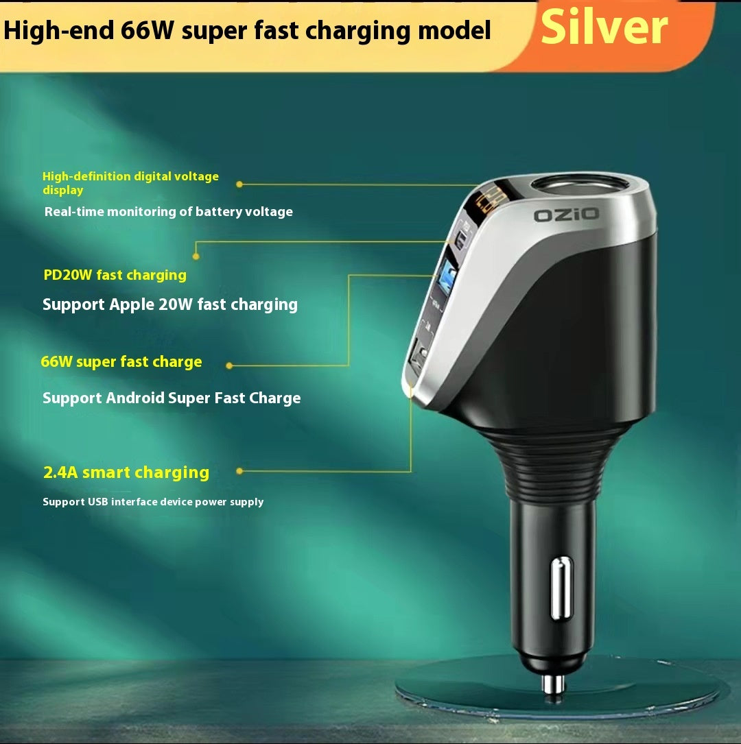 Smart Triple-Port Car Charger with Voltage Display & Adapter