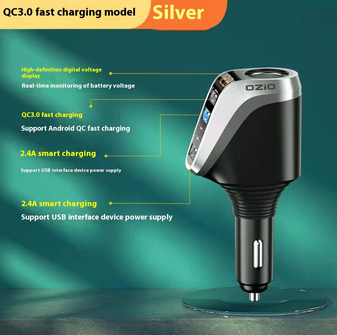 Smart Triple-Port Car Charger with Voltage Display & Adapter